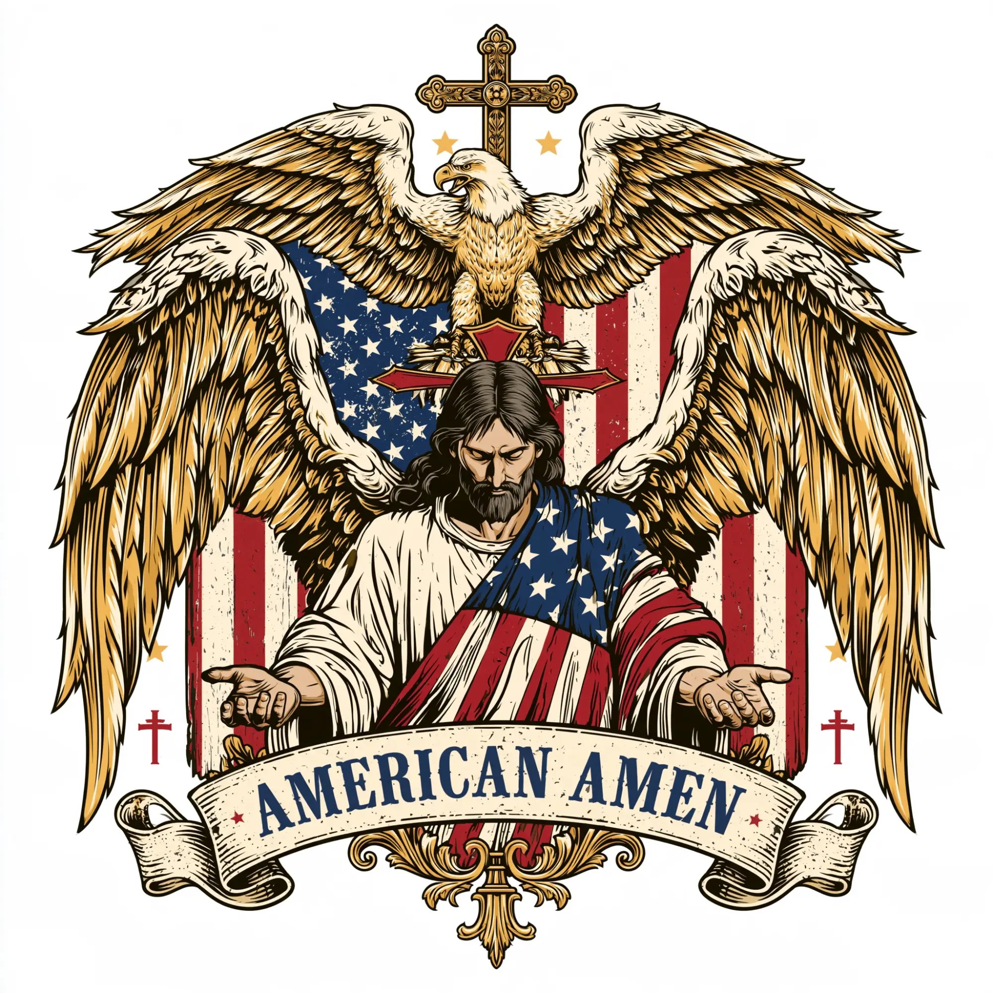 Bald eagle, American flag and cross